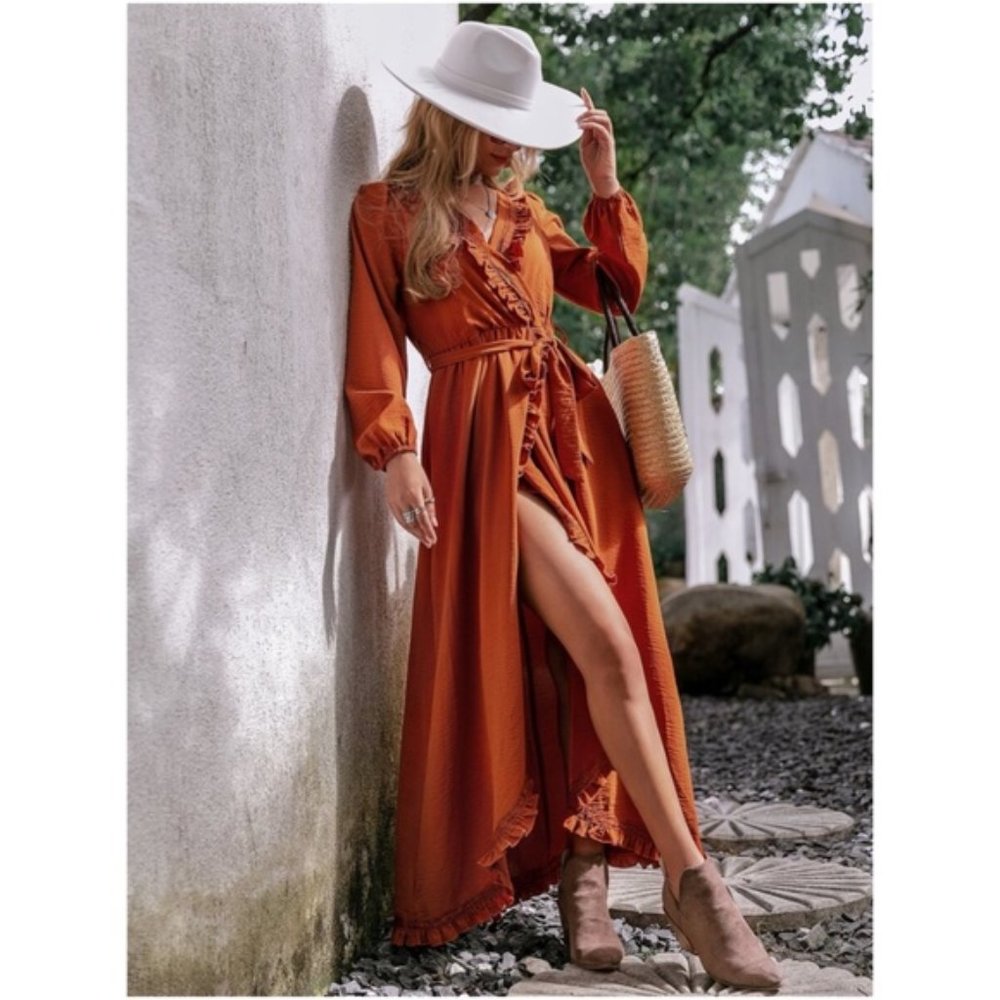 BOHO VIBES Orange Ruffle Wrap Maxi Dress Gypsy